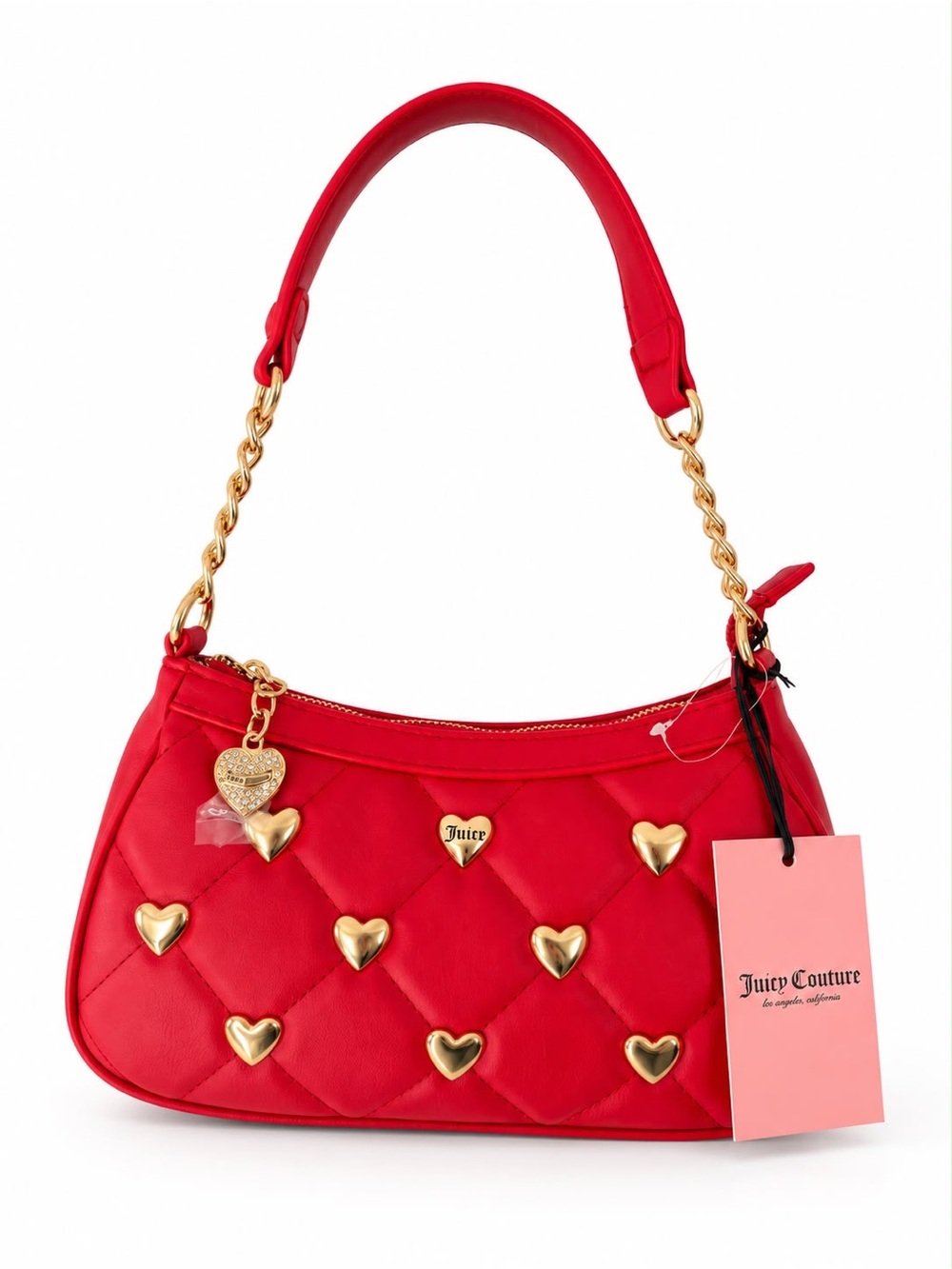 Juicy Couture Red Quilted Heart Charm Shoulder Bag with Gold Hardware
